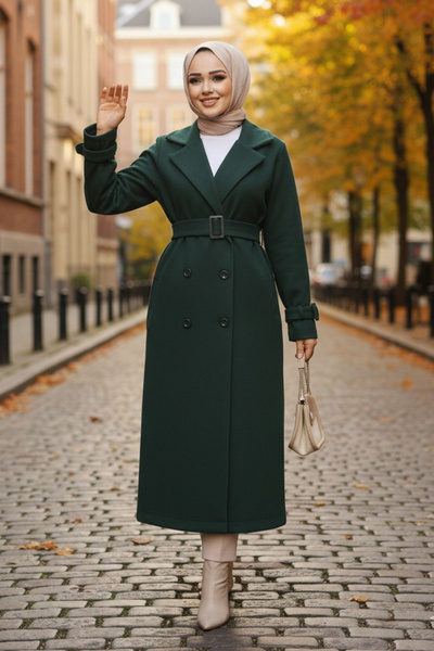 Neva Style Emerald Green Belted Stamped Hijab Coat - 61251Zy