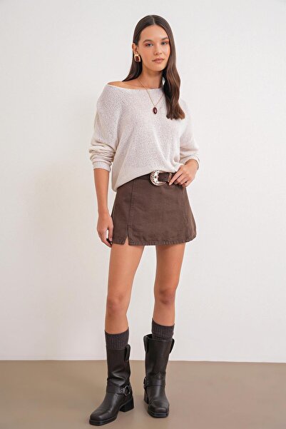Mixray 6933 Women's Boat Neck Thin Seasonal Knitwear Sweater Sand Beige