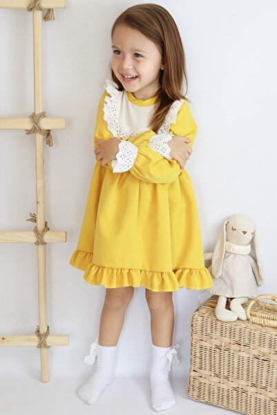 Parla Kids Kız Çocuk Ruby Hardal Uzun Kollu Dantel Detaylı Fırfırlı Elbise