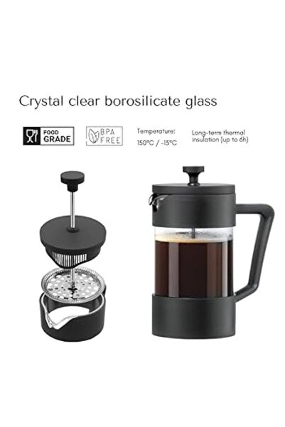 VESTRON French Press 420 ml Borosilikat Siyah Kahve Demleme Potu, Isıya Dayan...