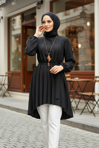 Neva Style Pleated Black Hijab Tunic 41233S