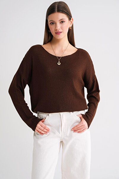 Mixray 6933 Γυναικείο πλεκτό πουλόβερ με λαιμόκοψη λεπτό εποχιακό καφέ