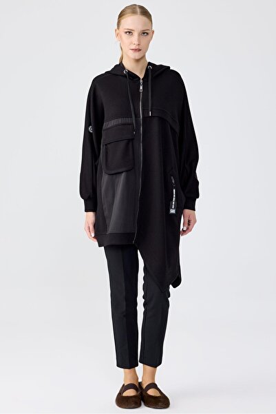 Tığ Triko Kapuşonlu Önden Fermuarlı Asimetrik Kap SİYAH