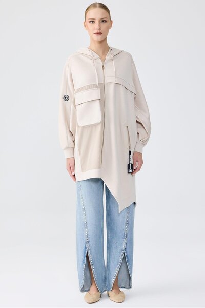 Tığ Triko Kapuşonlu Önden Fermuarlı Asimetrik Kap BEJ
