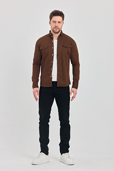 YXC Plus-Size Slim Fit Men's Denim Shirt Brown 5XL Size Fits for 110-115 Kilos