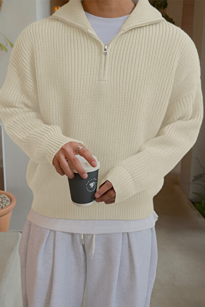 COOL TARZ Λευκό ανδρικό πλεκτό πουλόβερ ψαρά με φερμουάρ