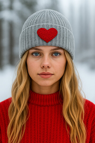 byebruketenci Red Heart Glitter Wool Gray Beret Christmas Gift