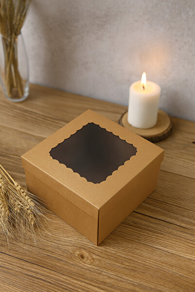 Feza Kutu 23x23x15 Kraft Pencereli Çok Amaçlı Kutu Karton Kutu Pasta Kutusu (10 Adet)