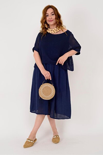 EREN STYLE İtalyan Müslin Keteni Üstü File Bluzlu Astarlı Tek Parça Elbise