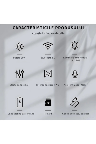 Zocmmi Boxă portabilă, Patato Plus X2, 60W, Bluetooth 5.3, EQ 2 moduri, Baterie 6000mAh, autonomie ~20h, RG
