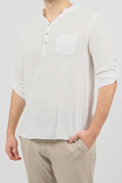 SİDE OTANTİK Erkek Muslin Hakim Yaka Slim Fit Yarım Pat Düğmeli 3/4 Kol Göğüs Cepli Günlük Beyaz Gömlek