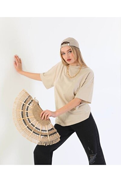 İLKCET MODA Μπλουζάκι Unisex Cream Oversize από ύφασμα Tok Basic