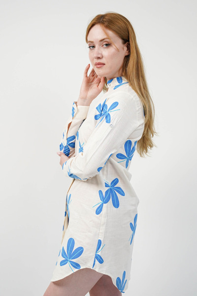 SİDE OTANTİK Blue Floral Patterned Linen High Neck Long Sleeve Mini Cream Shirt Tunic
