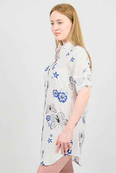 SİDE OTANTİK Butterfly Patterned Long Sleeve Linen White Shirt Tunic