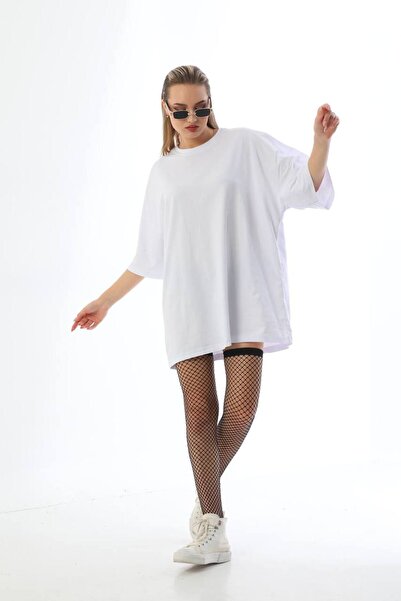 İLKCET MODA Унисекс бяла тениска с широка кройка от плътна материя