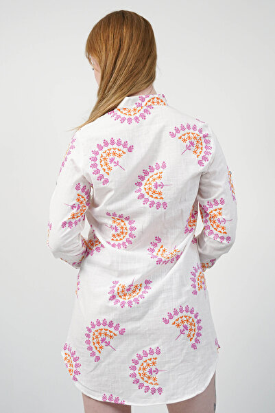 SİDE OTANTİK Floral Motif High Neck Side Buttoned Long Sleeve Linen White Shirt Tunic