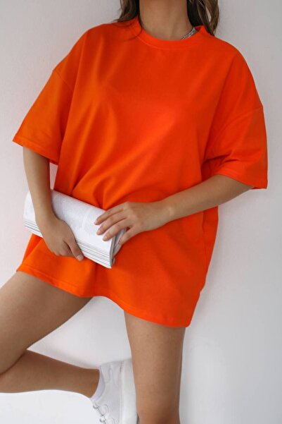 İLKCET MODA Unisex Orange Oversize Fit Tok Kumaş Basic T-Shirt