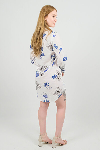 SİDE OTANTİK Butterfly Patterned Long Sleeve Linen White Shirt Tunic