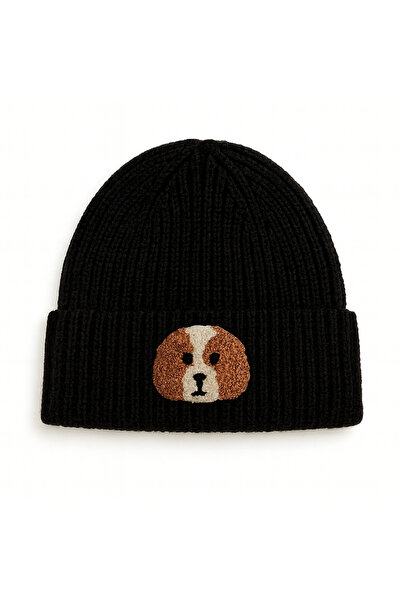 byebruketenci Lână neagră pentru copii cu figurină de câine - Beretă cu detal...