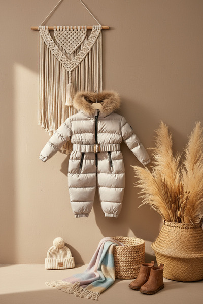 HÇ Hülya Çelik KİDSWEAR 2018 Bebek Astronot Tulum Kürk Kapüşonlu Gri Tulum