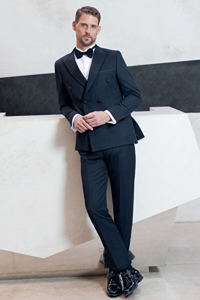 Morven Erkek Siyah Kruvaze Sivri Çıkma Yaka Slim Fit Damatlık