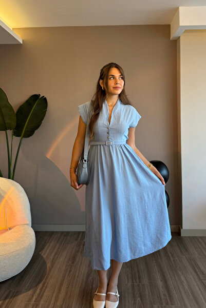 Aventien Hakim Yaka Kemerli Mavi Midi Elbise