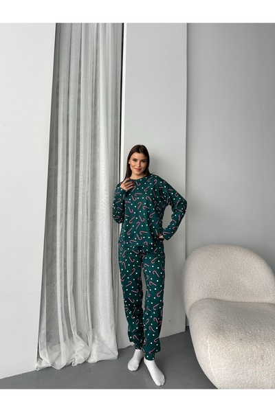 LETS BASIC Green Candy Patterned Long Sleeve Women's Pajamas Set