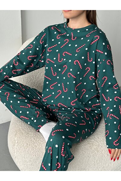 LETS BASIC Green Candy Patterned Long Sleeve Women's Pajamas Set