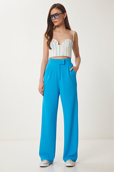 Lovelyİstanbul Pantaloni Palazzo confortabili cu talie Velcro BLUE LRV0003