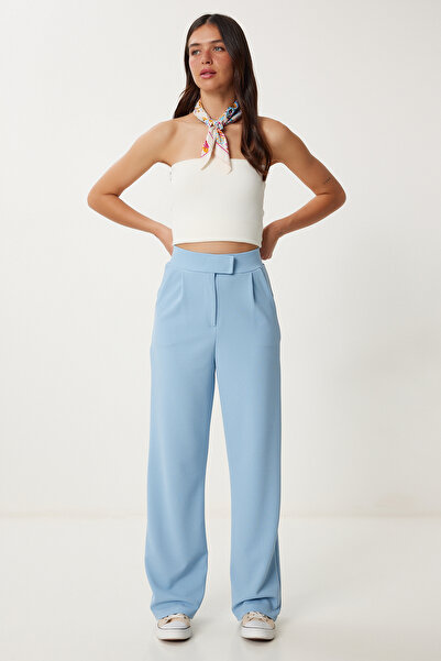 Lovelyİstanbul بنطلون بالازو مريح بحزام فيلكرو أزرق سماوي LRV0003
