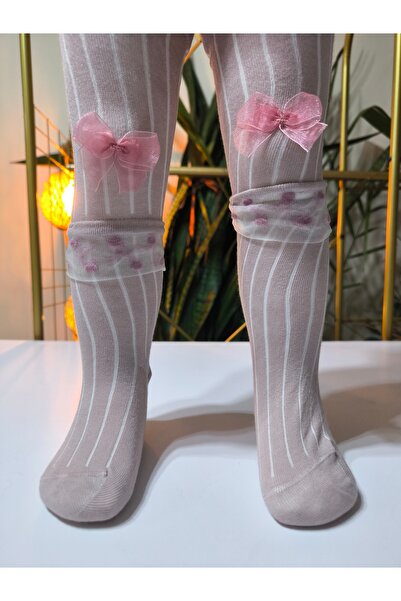 Ekinoks Baby Girl Children's Pantyhose Cotton Bow Tulle Ribbed Scented Dusty Rose