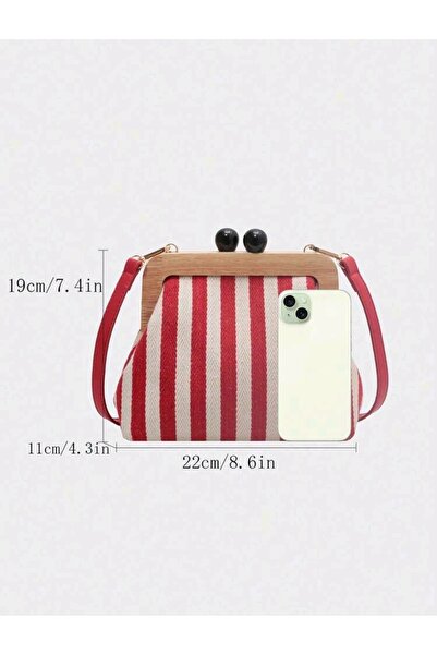 Prime Vista Kozmetik Çizgili Omuz ve El Çantası – Retro Ahşap Çerçeveli Tasarım