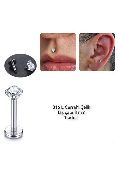 Bylin ZİRKON TAŞLI %100 CERRAHİ ÇELİK LABRET DUDAK PIERCING /KULAK PİERCİNG -...