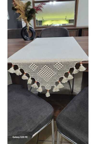 SEVCAN TEKSTİL Buldan İşi El Dantelli %100 Pamuklu Bohem Keten Runner Masa Ör...