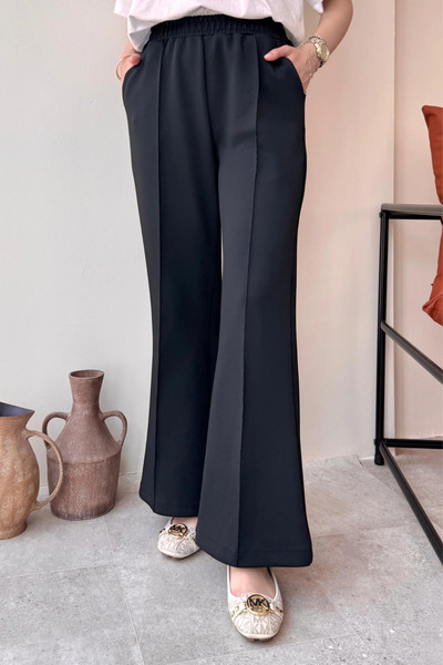 Tesettür Diyarı Kadın Çimalı Beli Lastikli Cepli Scuba Kumaş Tesettür Pantolon- Siyah