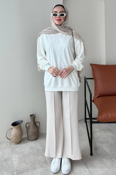 Tesettür Diyarı Kadın Çimalı Beli Lastikli Cepli Scuba Kumaş Tesettür Pantolon- Bej