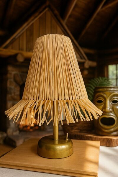 Home Bohem Handmade Saçaklı Rafya Abajur – LED Işıklı Kablosuz Pilli Gold 25 cm Masa Lambası