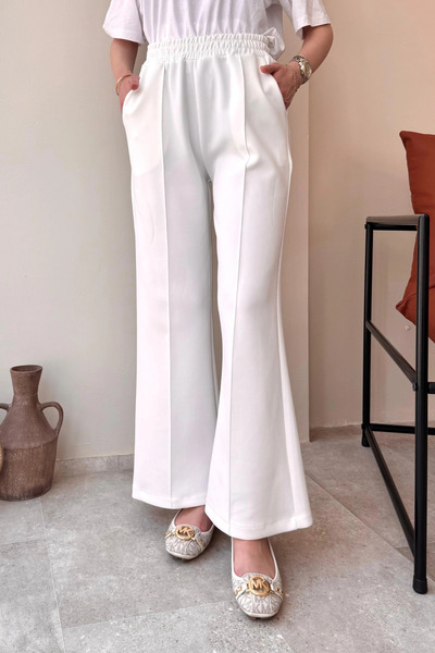 Tesettür Diyarı Kadın Çimalı Beli Lastikli Cepli Scuba Kumaş Tesettür Pantolon- Beyaz