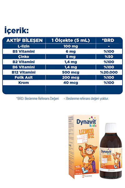 Dynavit Kids Lizinkid-B12 Şurup 150mL- Yemek Zamanı – Çocuk L-lizin Aminoasit Destek, B Vit, Krom, Çinko