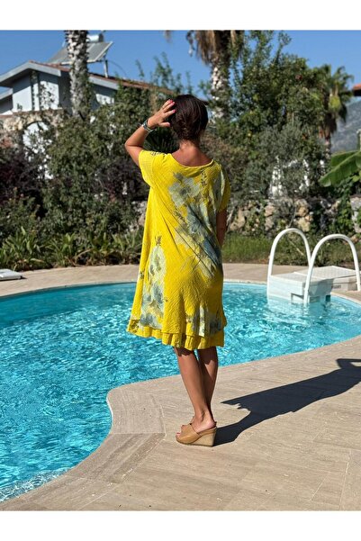 Punta Otantik NC50121 İtalyan Kısa Kol Pamuk Keten Elbise Sarı