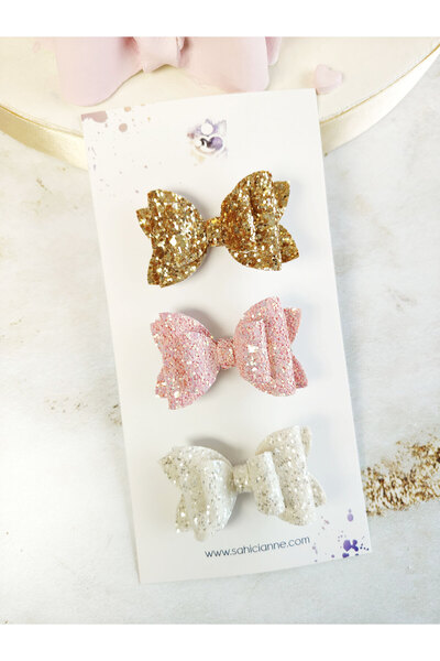 Sahici Anne 3'lü Glittery Double Fiyonk Klipsli Çocuk Tokası Seti - Gold Somo...