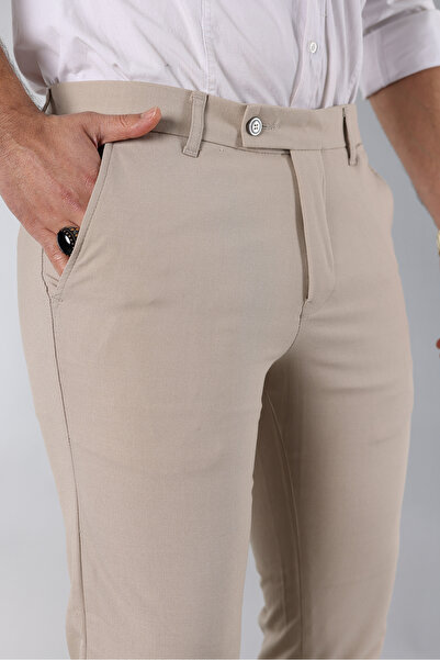 YXC Trend Maker Men's Slim Fit Italian Narrow Leg Light Cream Men's Fabric Trousers