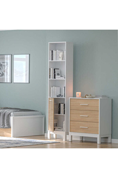 Adore Mobilya London 5 Raflı Kapaklı Kitaplık-meşe-beyaz 45x202x26 Cm (GXYXD)