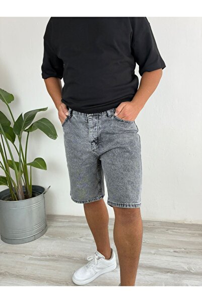 LudoWear Koyu Gri Havlu Yıkamalı Fit Likrasız Jean Kot Şort