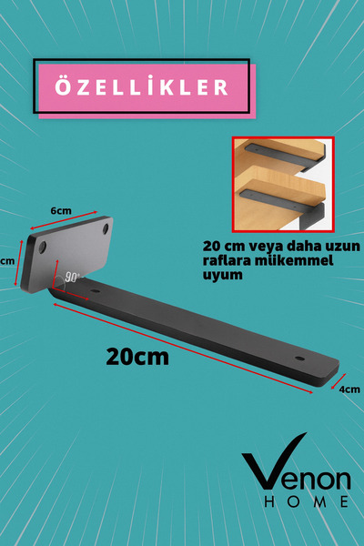 VENON 4'lü 20 Cm Siyah Metal Raf Ayağı Raf Altı Tutucu L Köşe Konsol Raf Tutucu Deprem Dolap Sabitleyici