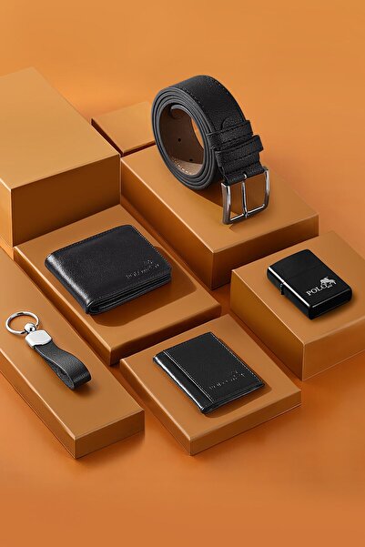 Polo Air Kutulu Klasik Erkek Çakmak Anahtarlık Cüzdan Kemer Kartlık Seti Siyah