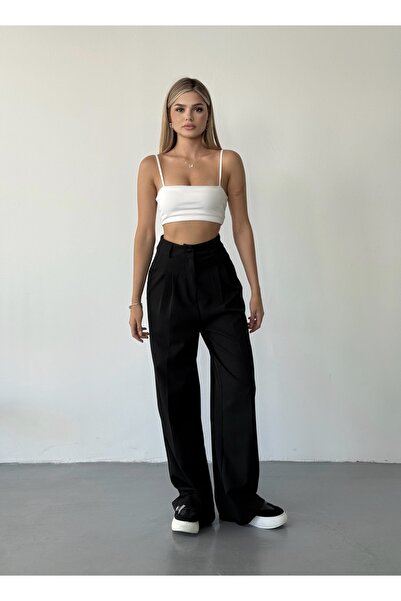 BEJNA Czarne spodnie palazzo z zakładkami i detalami w kształcie piór