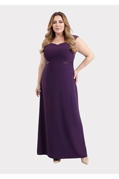 LİLAS XXL Büyük Beden Mürdüm Renkli Pul Payet Detaylı Uzun Abiye Elbise