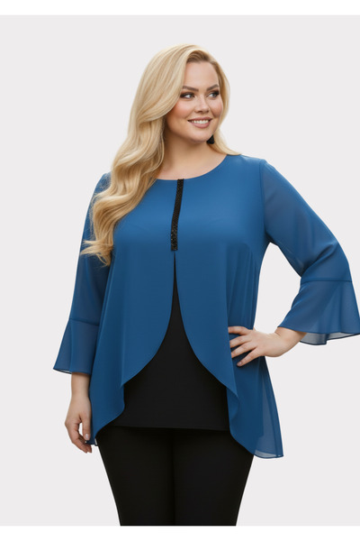 LİLAS XXL Büyük Beden Turkuaz Renkli Şifon Bluz