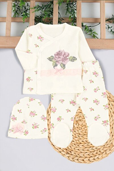 Ege Bebek Kız Bebek Kaneviçe Gül Detaylı Fiyonklu 3 Parça Hastane Çıkışı / Zı...